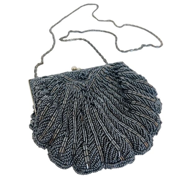 Vintage 80s La Regale Gunmetal Beaded Bag Clamshell Evening Bag Clutch - Picture 1 of 8